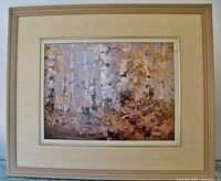 Frontal view of the framed acrylic painting showing the birch tree woodland scene with impressionistic brushwork and warm earth tones.