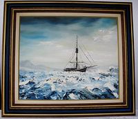 Frontal view of the entire painting framed, showing ship trapped in icy Arctic seas with detailed sky and ice elements.
