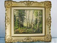 Frontal photo of the framed oil painting showing forest with birch trees and lake in background in a cream ornate frame.