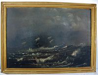 Full frontal view of the oil painting in its gold frame showing the stormy sea and shipwreck scene