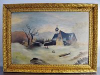 Framed oil painting showing entire winter landscape with church and children sledding