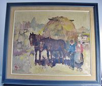Framed oil painting showing two horses, two people, and a haystack in a rural scene.