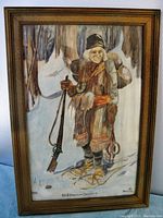 Full front view of framed watercolour depicting trapper in snowy forest