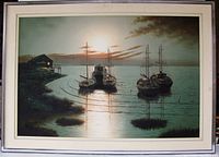 Full view of framed oil painting showing moored sailboats at dusk with a small house on shore, highlighting overall appearance and scene.