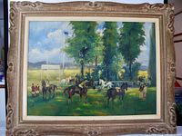 Full view of oil painting with equestrian sporting event and wooden carved frame.