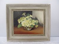 Full view of framed floral oil painting showing the art and frame condition.