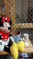 Photo showing the giant Minnie Mouse plush, flower pot, salt and pepper shakers, and cat mug arranged on a wooden surface.