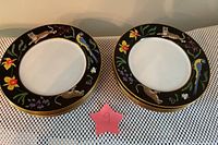 Two plates front view showing black rim, wildcat and botanical motifs