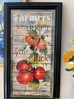 Framed Farmers Market print with tomatoes and text on wood plank background