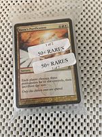 Close-up image of a sealed pack of Magic: The Gathering cards showing the rare card 'Razia's Purification' inside a clear plastic zip-lock bag with stickers indicating '50+ RARES'.