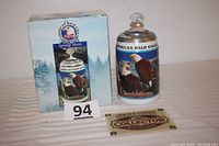 Photo of the stein with original box and certificate of authenticity on display.