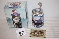 Full view of Budweiser American Bald Eagle Winter series stein with original box and certificate of authenticity