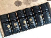 Photo shows six essential oil bottles inside an open cardboard box, labels visible for eucalyptus, orange, peppermint, tea tree, lavender, and lemon oils.