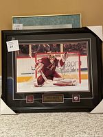 Full view of framed photo showing Mike Smith in Phoenix Coyotes goalie kit, signed and with plaque and pin.