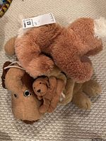Top view of four stuffed dogs piled together, showing backpacks straps on one dog and size variation.