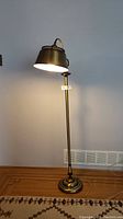 Full view of the lamp illuminated showing the base and pole.