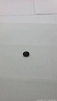 Photo shows a small oval-shaped deep cognac colored smokey quartz gemstone on a white surface from a top angle.