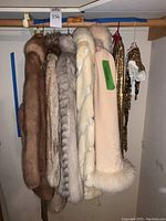 Seven garments hanging on rod including coats, shirt, shawl
