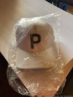 White Puma 110 flexfit snapback golf hat still in plastic packaging showing front 'P' logo.