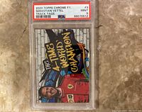 Front view of 2020 Topps Chrome F1 Sebastian Vettel Track Tags Insert card, graded PSA 9 Mint, showing colorful art and Ferrari branding.