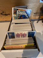 Photo showing a long comic box with comics bagged and boarded, including visible titles The Punisher and Batman: Dark Knight Collection.