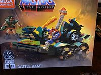 Front of the Mega Construx Masters of the Universe Battle Ram box showing the assembled vehicle and mini-figures.