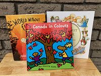 Three hardcover children's books arranged upright against a brick background: Baby's First Year, World Without Fish, and Canada in Colours.