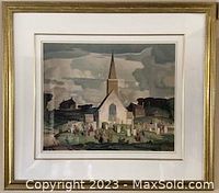 Framed painting titled 'Country Crisis' featuring a rural church and gravestones with overcast sky, signed lower right