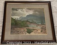Framed landscape painting titled 'Cloche Hills' by A.J. Casson, signed lower right.