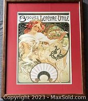 Framed Alphonse Mucha "Biscuits Lefevre-Utile" poster with signature and detailed Art Nouveau style design.