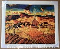 Image of the colorful limited edition print "Village Church" by Arthur Lismer depicting a village with a church and rolling hills in bright tones.
