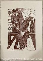 Full view of Byron Randall signed linocut print titled 'Les Maestros' from 1956, showing composition, signatures, and condition.