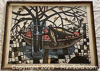 Frontal image of framed Byron Randall print "Plum Branches" featuring a glass vase with branches and a bowl of plums on a checkered surface.