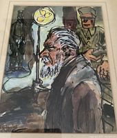 Close-up image of the watercolor painting depicting a bearded man in profile with other figures in the background, painted in expressive style with dark, muted colors.