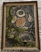 Framed expressionist still life print depicting fruits and vegetables signed by Byron Randall, showing overall condition and frame details.
