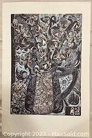 Monochromatic linocut print, signed bottom left, showing detailed patterns in a vase or pitcher with floral or abstract shapes.