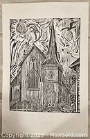 Black and white linocut print of a church by Byron Randall, signed bottom left, unframed.