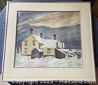 Framed watercolor painting of a snow-covered house with hills in background, signed by Carl Schaefer, titled "The Johnson House, Hanover" 1935.