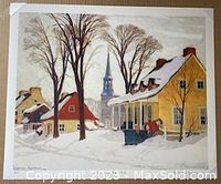 Unframed limited edition print depicting a winter village scene by Clarence A. Gagnon