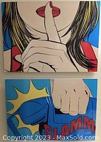 Two Deborah Azzopardi art prints on board titled "SSSHHH" and "SLAMM" with bold comic pop art style imagery