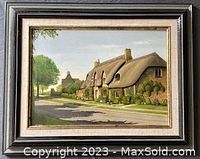 Framed oil painting titled "Chipping Campden, The Cotswolds" by Eric W. Saben showing a rural village scene with stone cottages and thatched roofs, signed lower left.