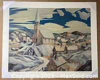 Image of the limited edition lithograph titled "Northtown" by Franklin Carmichael depicting a snowy village scene with buildings and church steeple, signed and numbered.