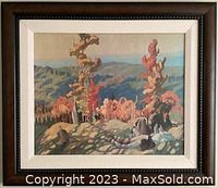 Framed print on board 'Autumn In The Northland' by Franklin Carmichael showing the artwork with autumn trees, hills, and sky.