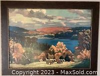 Photo of Herbert Sidney Palmer "Haliburton Evening" chromolithograph framed artwork showing an evening landscape with sheep, hills and water.