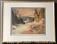 Framed watercolor painting showing a river waterfall landscape with rocky cliffs and trees, titled and attributed to J.E.H. MacDonald.