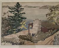 Close-up photo of the watercolour artwork showing a lakeside scene with pine tree and stone chimney structure, signed bottom left.