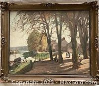 Frontal image of the oil painting 'Bords De La Marne' by M. Grituse showing the riverside scene and ornate frame.