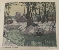 Close-up of aquatint print titled 'Woodland Village', showing muted woodland river scene with houses and church steeple in background, signed in pencil.