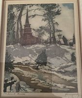 Close-up view of the aquatint showing snowy creek, church, trees and pencil signature