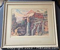 Framed vintage print titled 'Mill On The Cliff' by Nicholas Hornyansky showing a wooden mill on a cliff with waterfall and a natural rocky landscape.